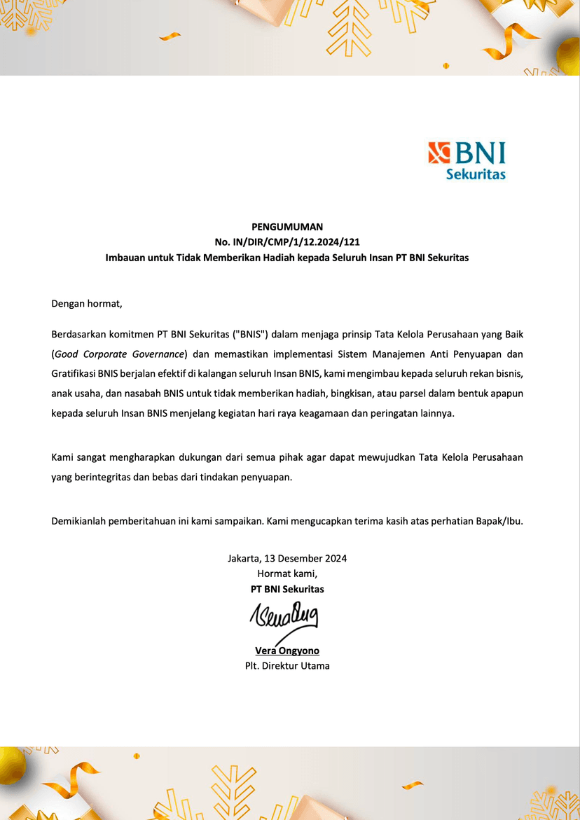 Imbauan untuk Tidak Memberikan Hadiah Kepada Seluruh Insan PT BNI Sekuritas