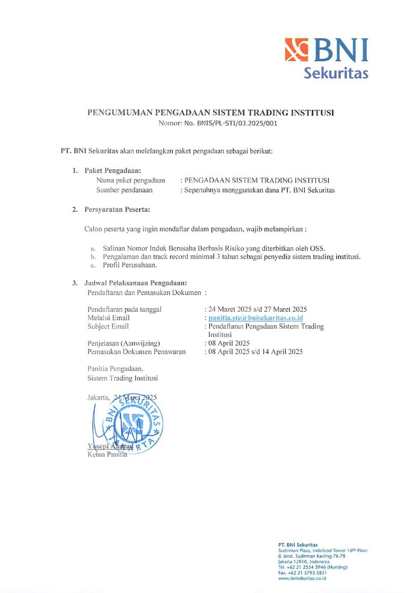 Pengumuman Pengadaan Sistem Trading Institusi