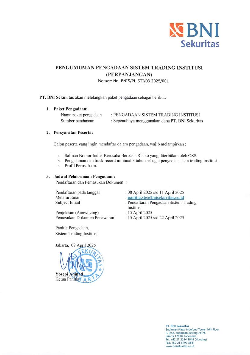 Pengumuman Pengadaan Sistem Trading Institusi (Perpanjangan)