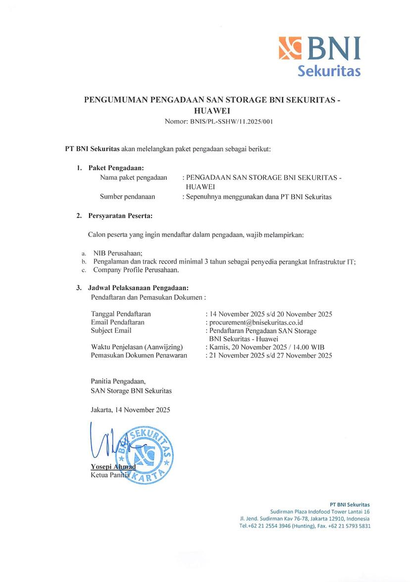 Pengumuman Pengadaan San Storage BNI Sekuritas &#8211; Huawei