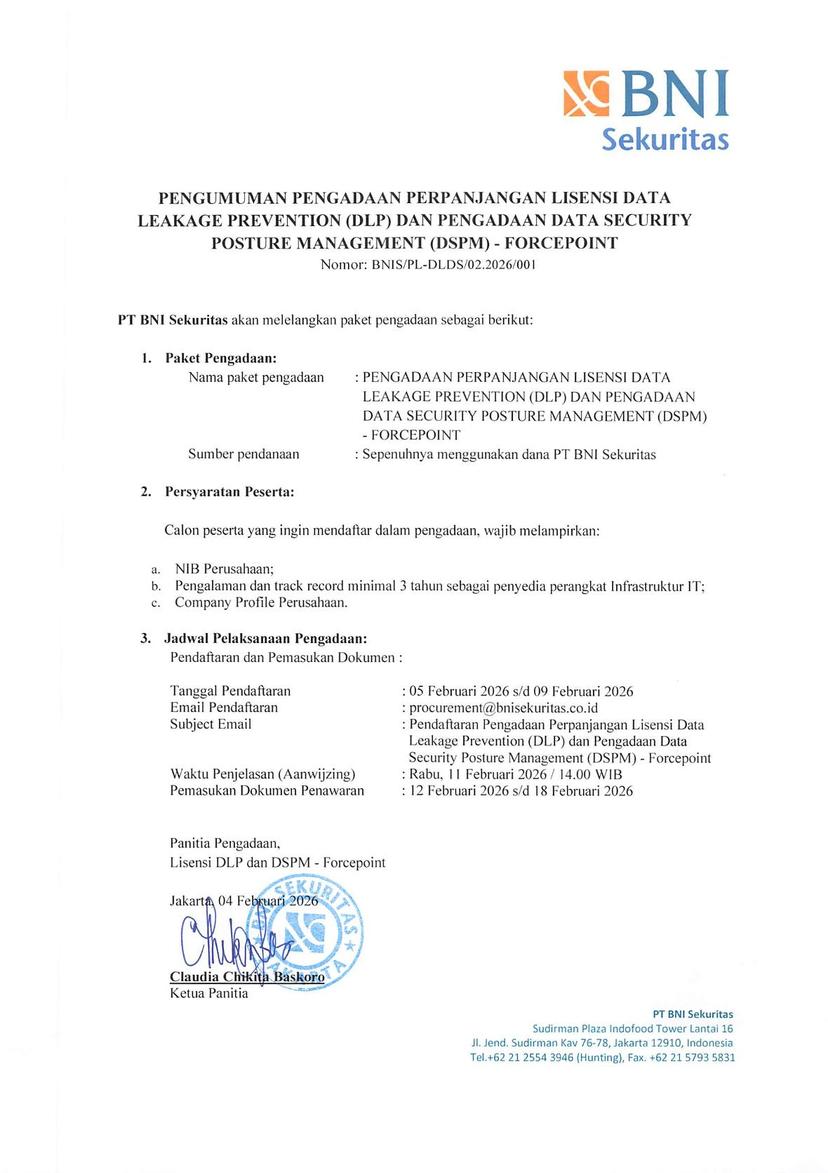 Pengumuman Lelang Pengadaan Lisensi DLP dan DSPM – Forcepoint
