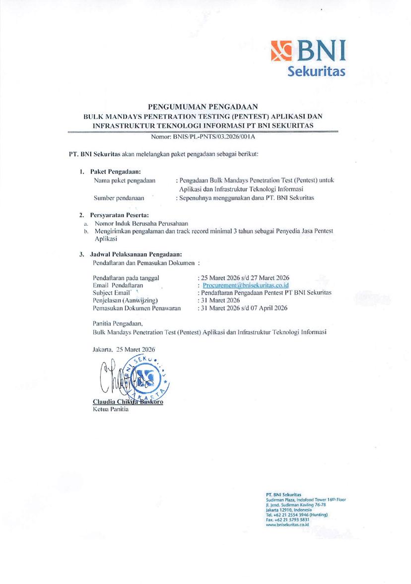 Pengumuman Pengadaan Bulk Mandays Penetration Testing (Pentest) Aplikasi dan Infrastruktur Teknologi Informasi PT BNI Sekuritas