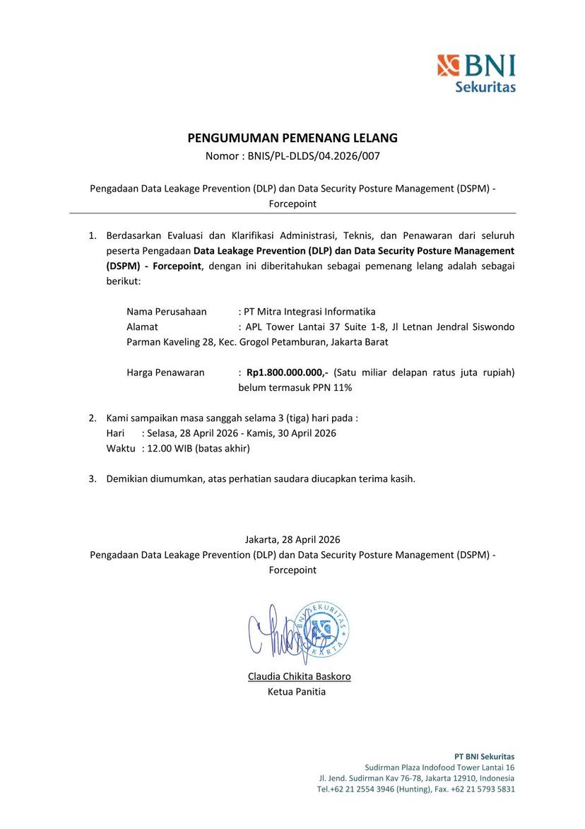 Pengumuman Pemenang Lelang Data Leakage Prevention (DLP) dan Data Security Posture Management (DSPM) – Forcepoint