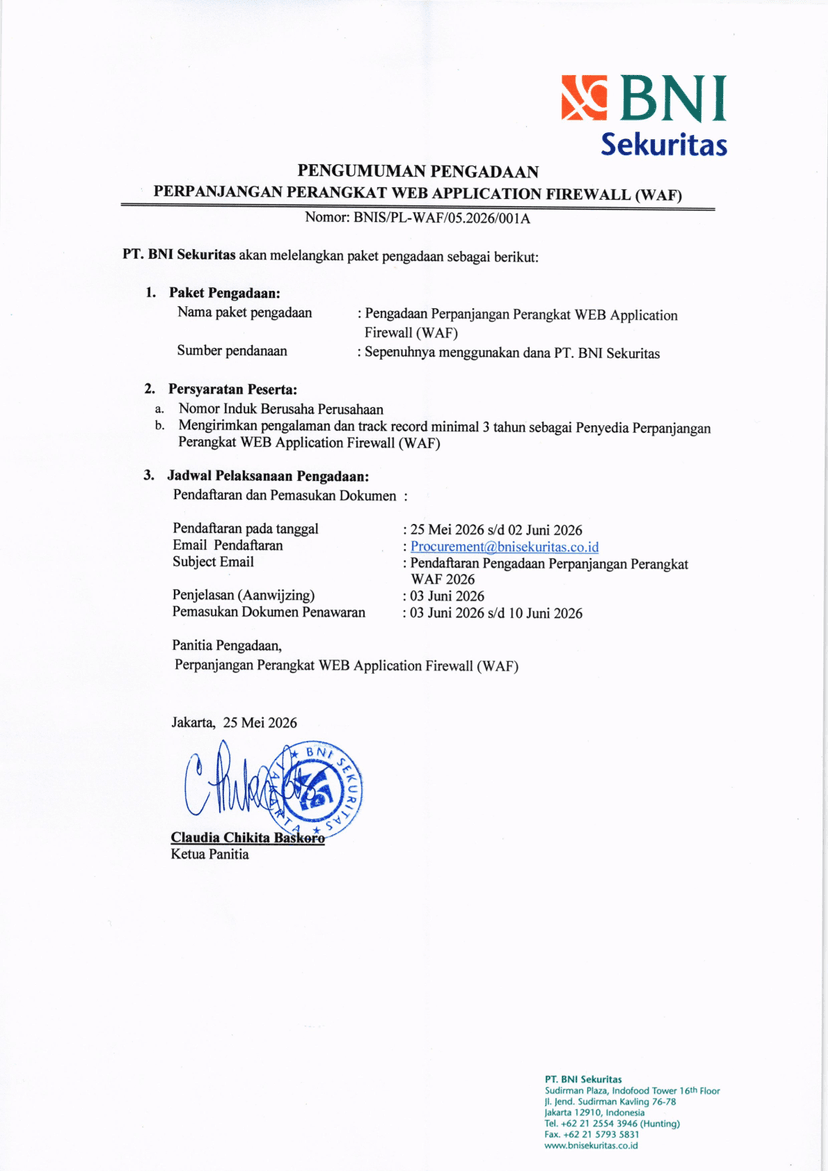 Pengumuman Pengadaan Perpanjangan Perangkat WEB Application Firewall (WAF)