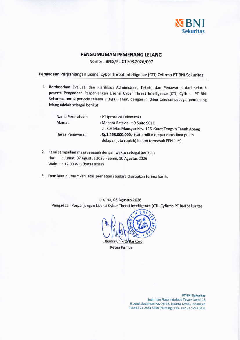 Pengumuman Pemenang Lelang Perpanjangan Lisensi Cyber Threat Intelligence (CTI) Cyfirma PT BNI Sekuritas